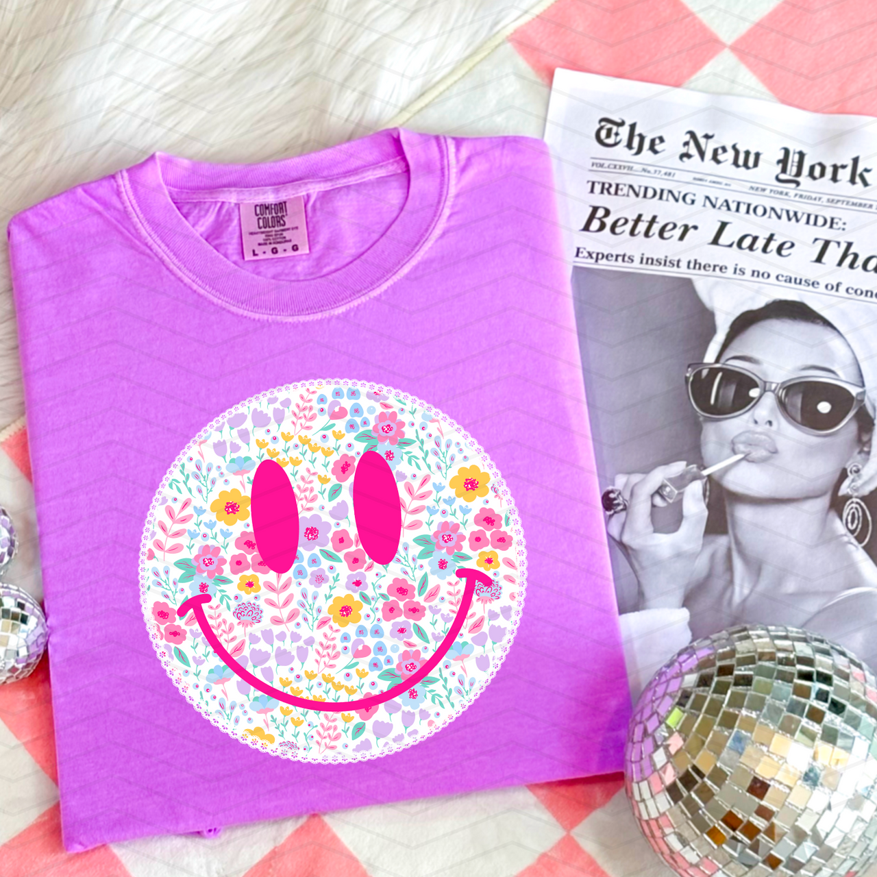 Ditsy Smiley Neon Comfort Colors Tee