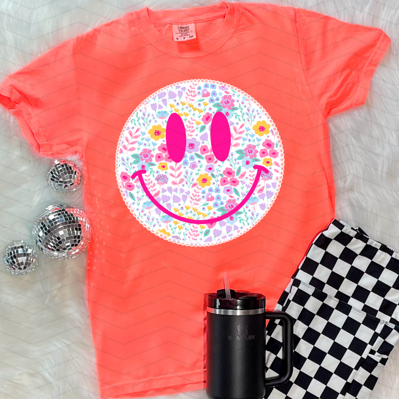 Ditsy Smiley Neon Comfort Colors Tee