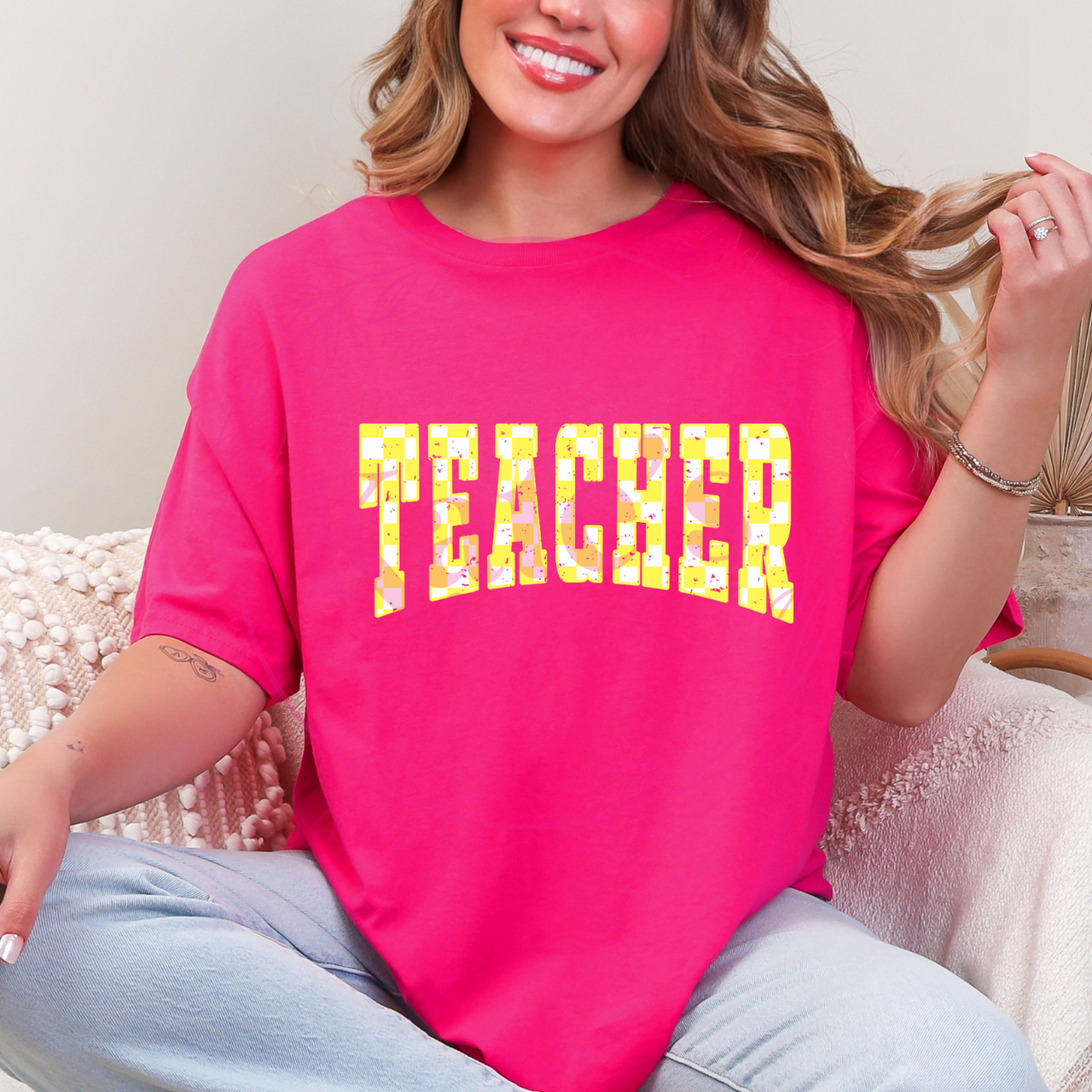 Yellow Checkered Teacher T-Shirt