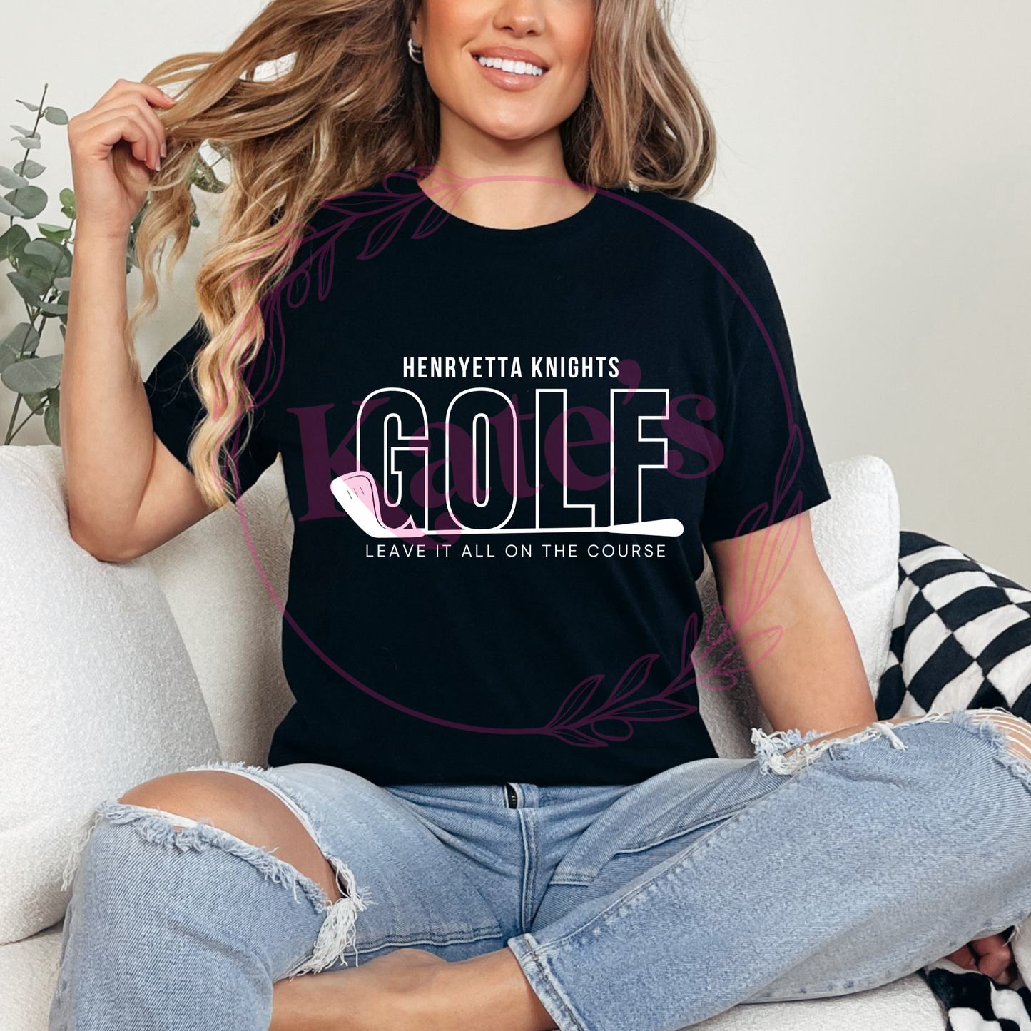 Henryetta Knights Golf design shown on a shirt, offered as tee or long sleeve