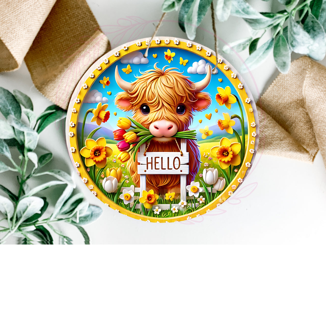 Hello Highland Cow Door Hanger