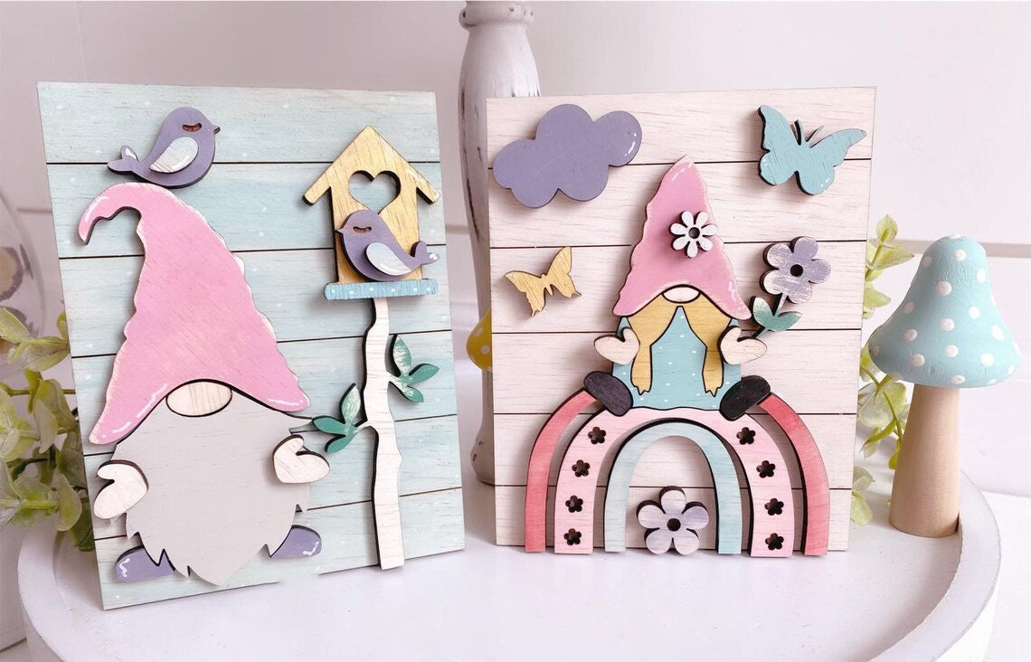 Spring Gnome Wood Tiered Tray DiY