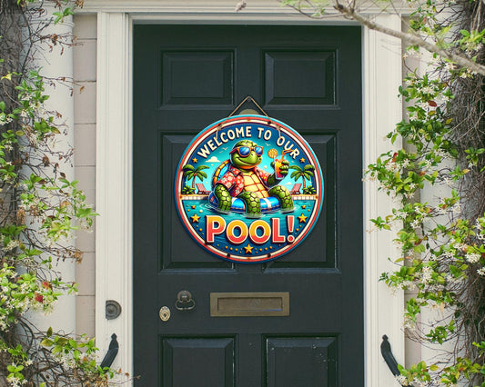 Pool Turtle Colorful Door Hanger - Bright Wooden Sign, Fun Home Decor for Front Door, Seasonal & Year-Round Use, Vibrant Entryway Accent