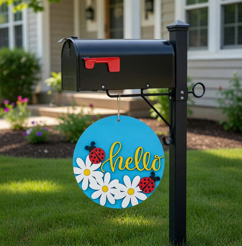 Hello LadyBug and Daisey Wood Door Sign Blank