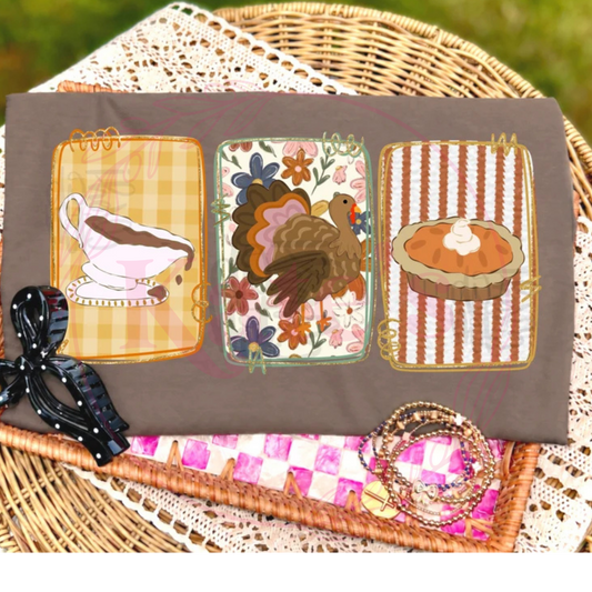 Thanksgiving Trio design shown on a shirt, offered as tee, long sleeve or sweatshirt