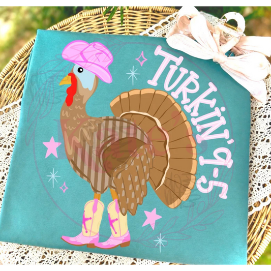 Turkin 9-5 design shown on a shirt, offered as tee, long sleeve or sweatshirt