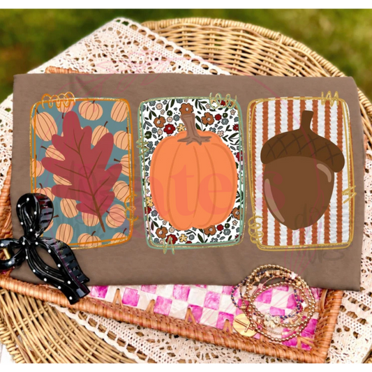Fall Trio design shown on a shirt, offered as tee, long sleeve or sweatshirt