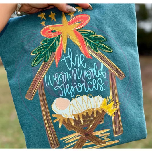 The Weary World Rejoices design shown on a shirt, offered as tee, long sleeve or sweatshirt