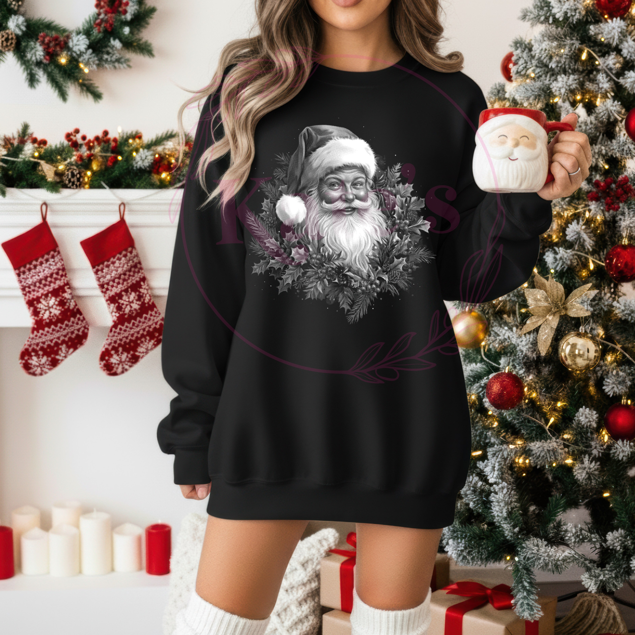 Holly Wreath Santa Claus Half Tone Shirt *DARK SHIRTS ONLY*