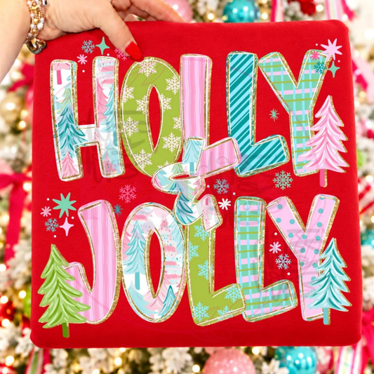 Holly & Jolly design shown on a shirt, offered as tee, long sleeve or sweatshirt