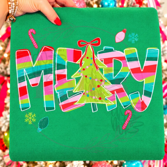 Merry Sketch design shown on a shirt, offered as tee, long sleeve or sweatshirt