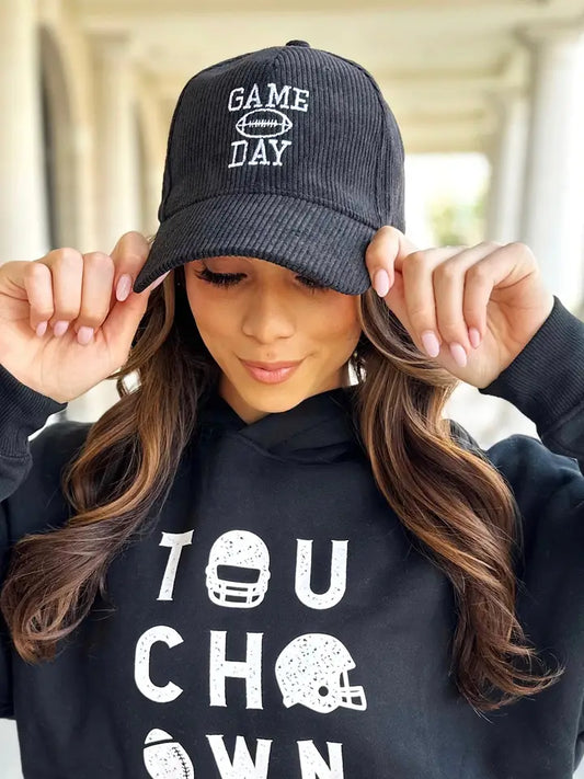 Black Corduroy Embroidered “Game Day” Football Cap