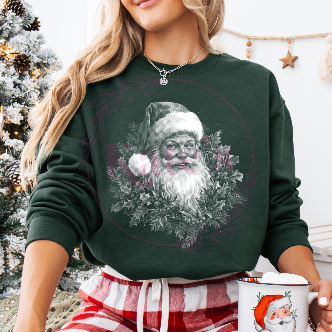 Holly Wreath Santa Claus Half Tone Shirt *DARK SHIRTS ONLY*
