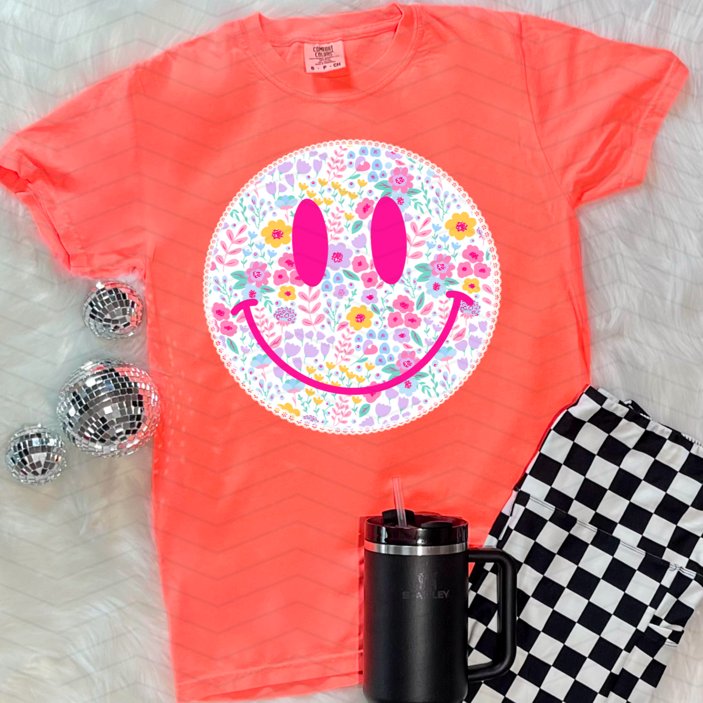Ditsy Smiley Neon Comfort Colors Tee