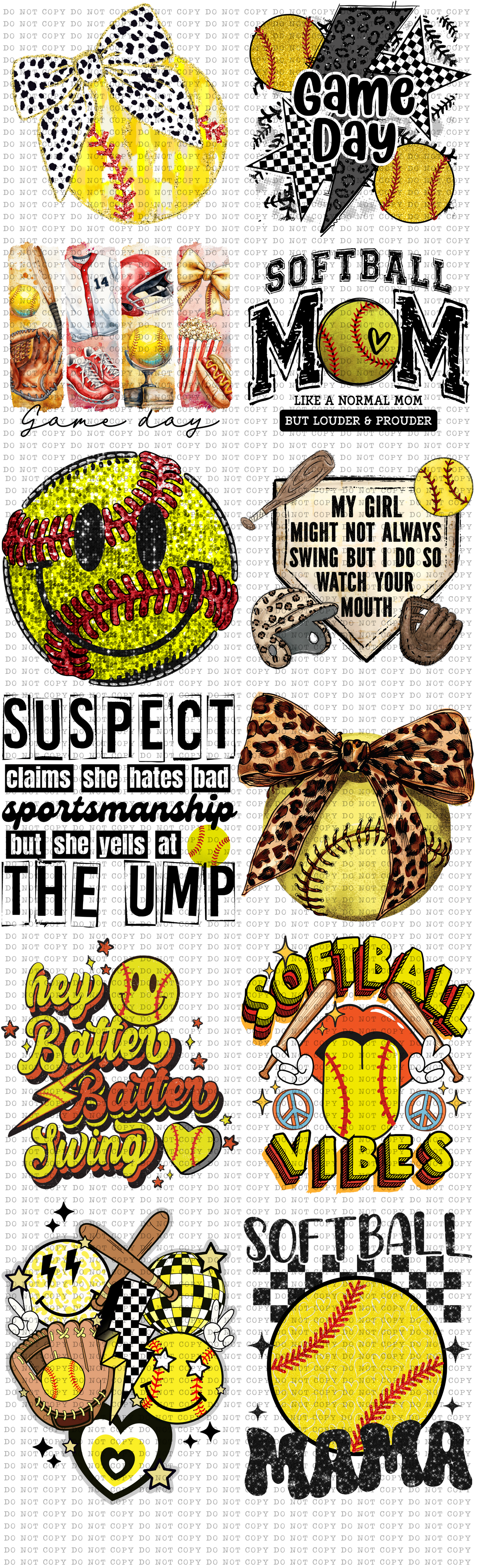 Softball Pre-Made Direct-To-Film Gang Sheet 22"x72"