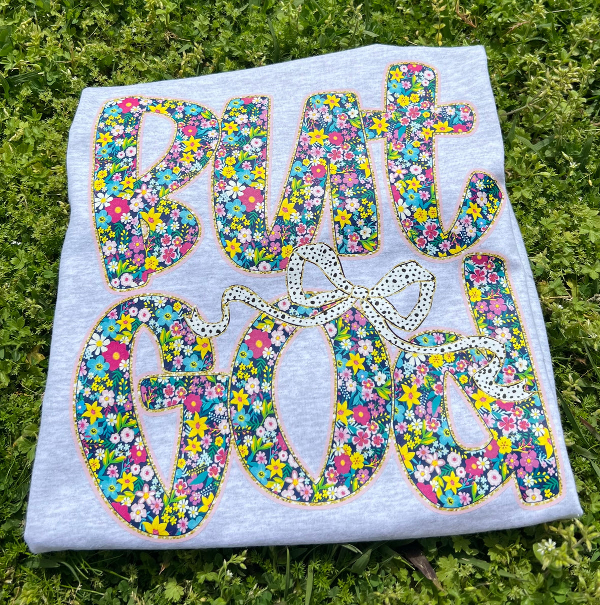 But God Floral t-shirt in ash, white, natural or light pink