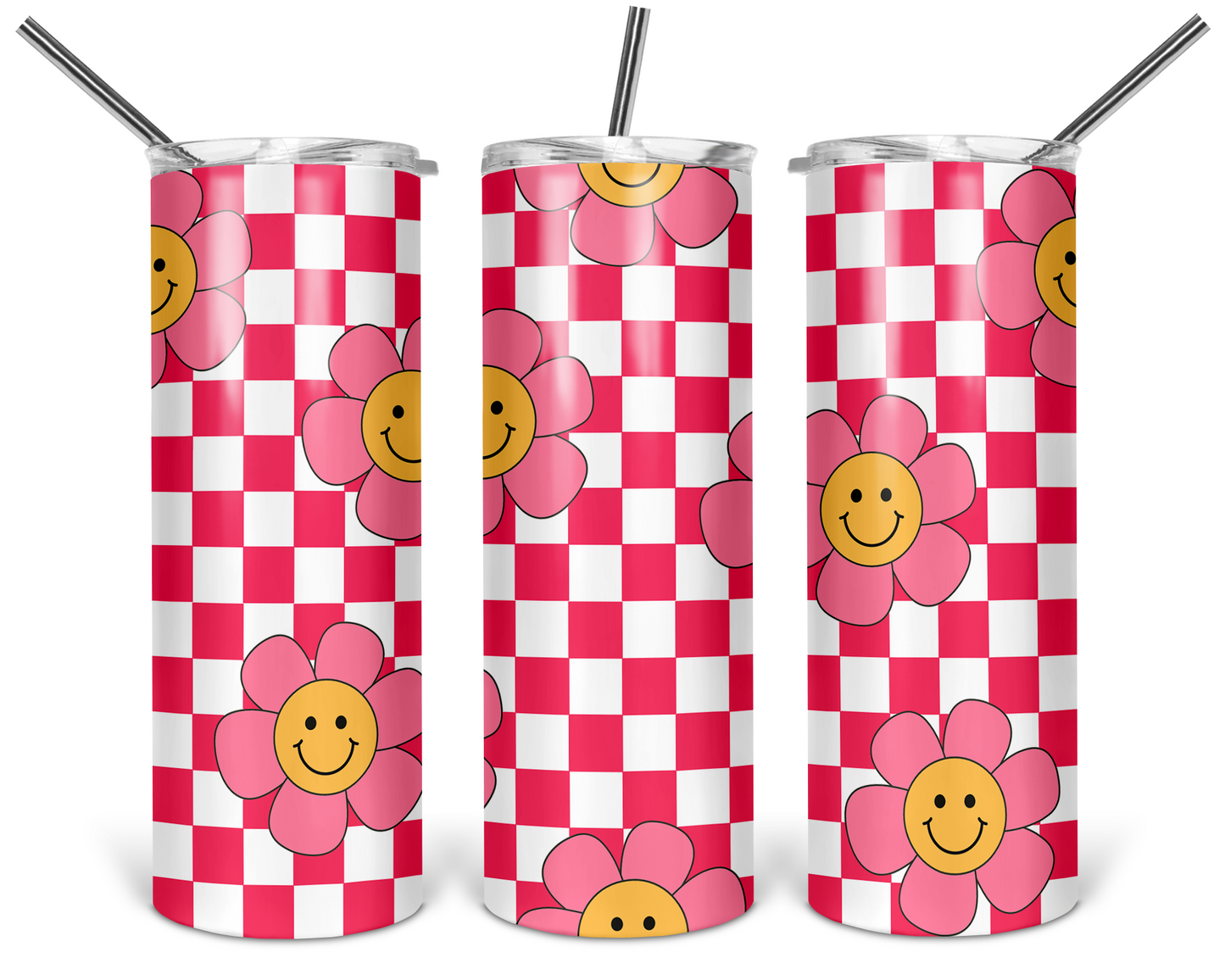 Pink Checkered Flowers 20oz Stainless Steel Tumbler