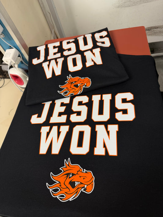 Jesus Won Mascot design shown on a shirt, offered as tee, long sleeve, sweatshirt or hoodie