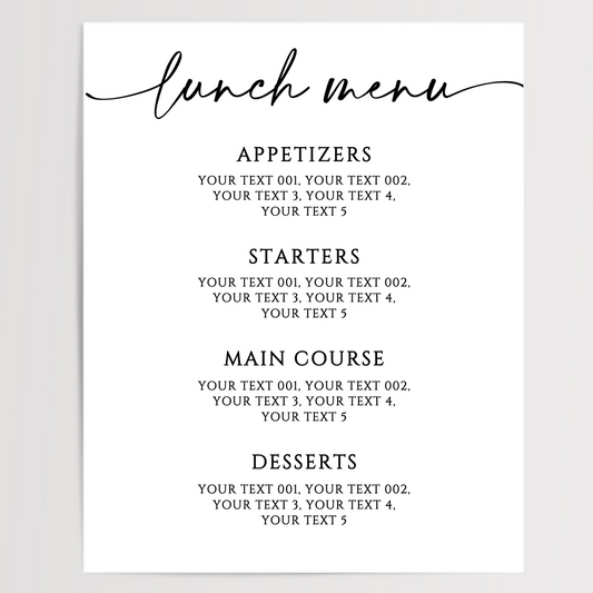 Lunch Menu Printed Wedding Signs