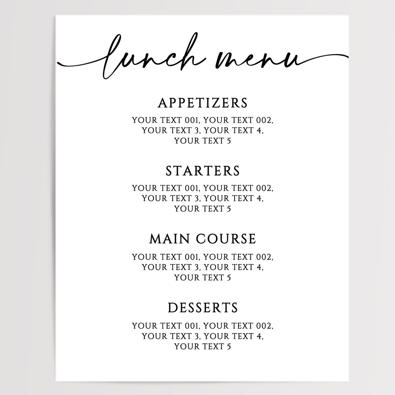 Lunch Menu Printed Wedding Signs