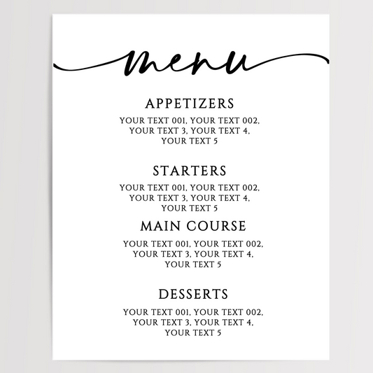 Menu Printed Wedding Signs