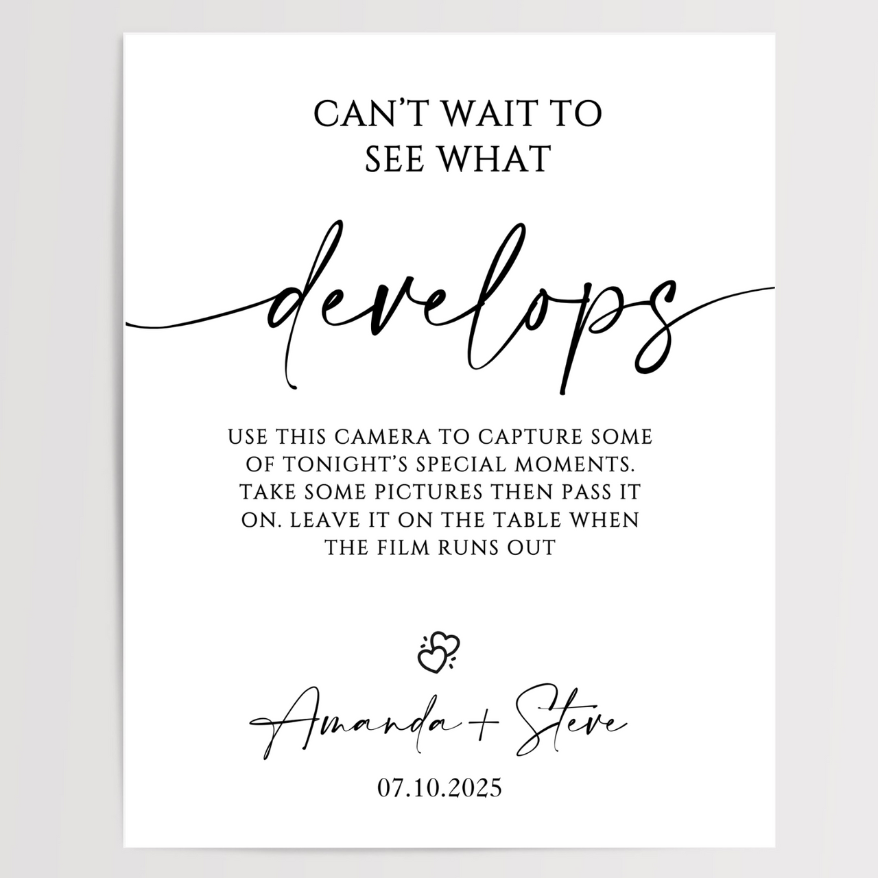 Can't Wait To See What Develops Printed Wedding Signs