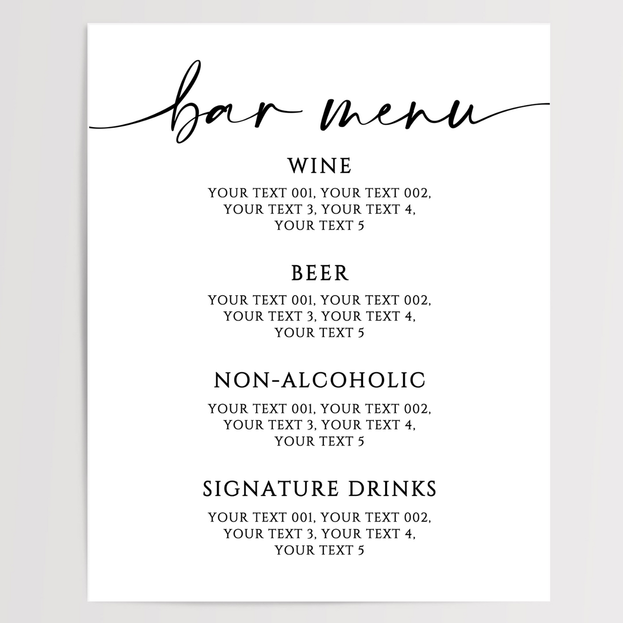 Bar Menu Printed Wedding Signs