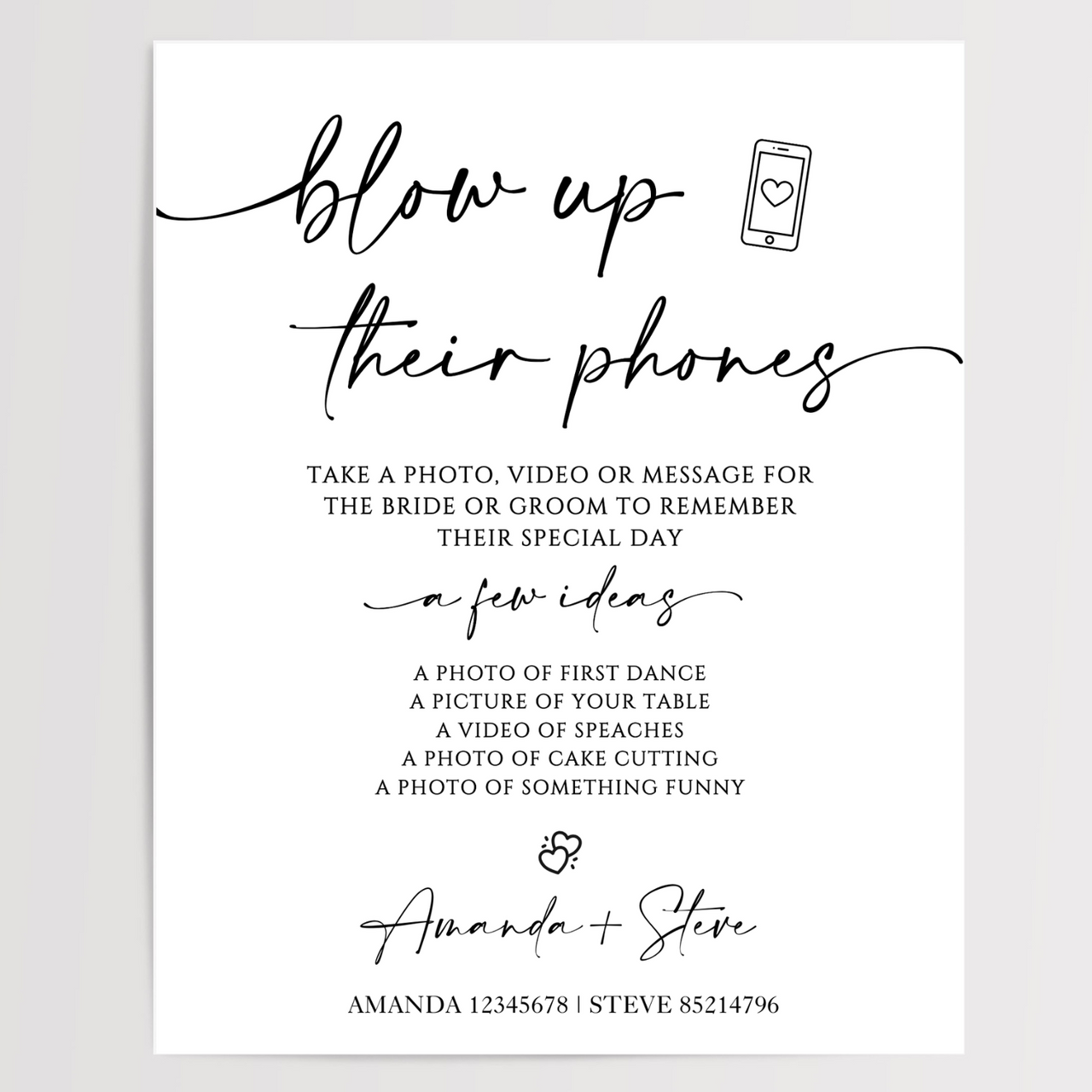 Blow Up Their Phones Printed Wedding Signs