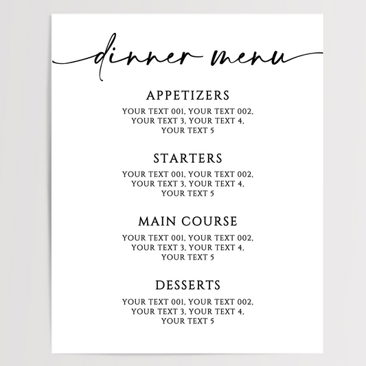 Dinner Menu Printed Wedding Signs