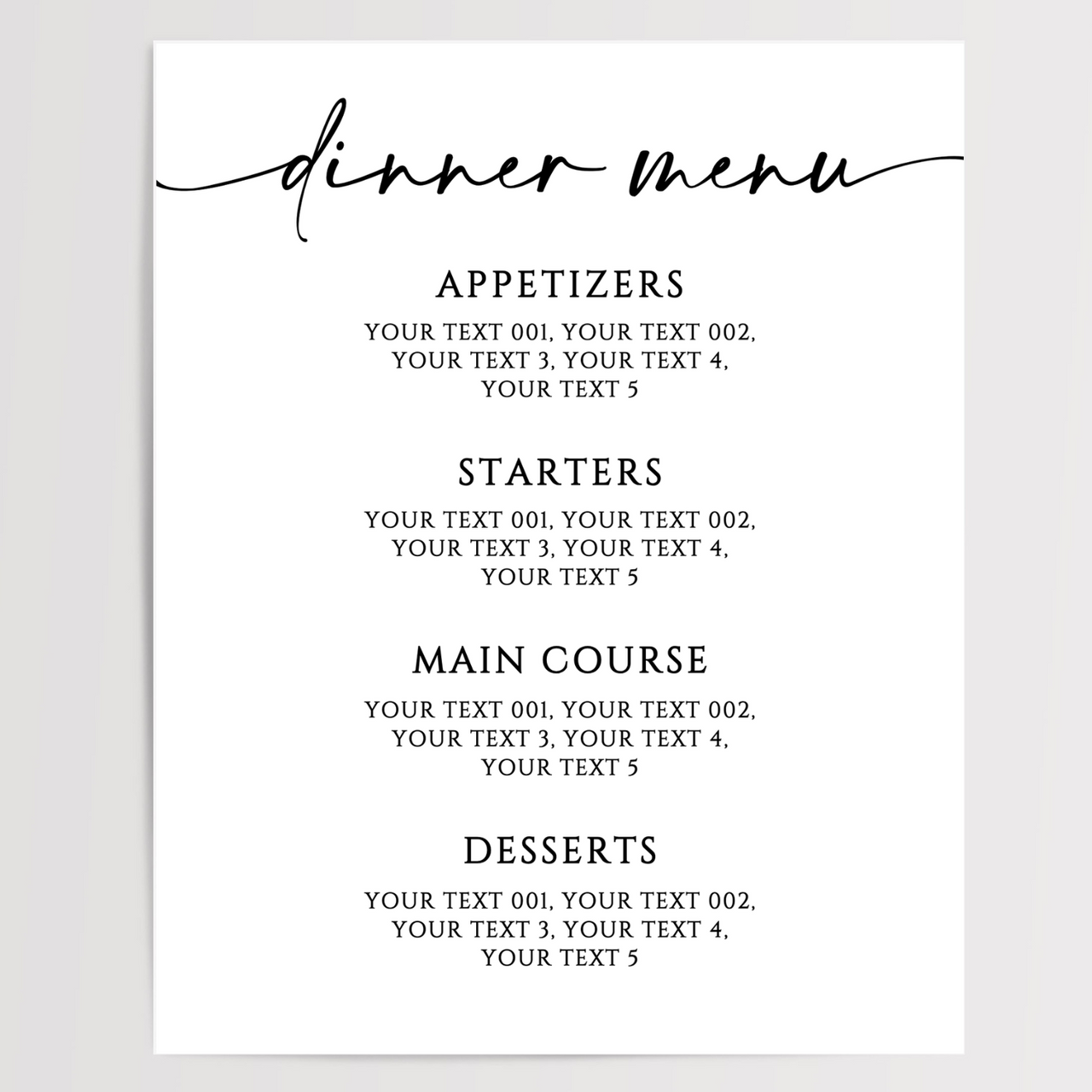 Dinner Menu Printed Wedding Signs