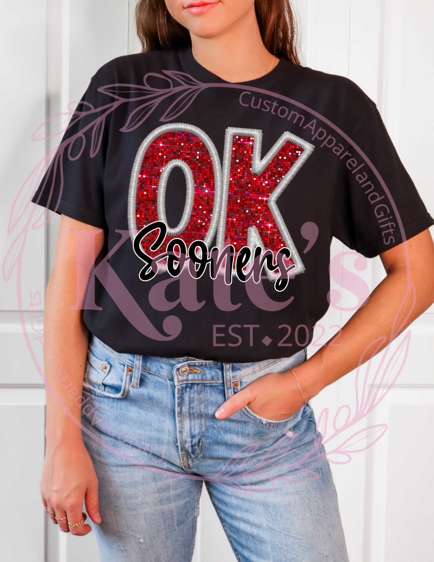 Faux Sequin Embroidered OK Shirt