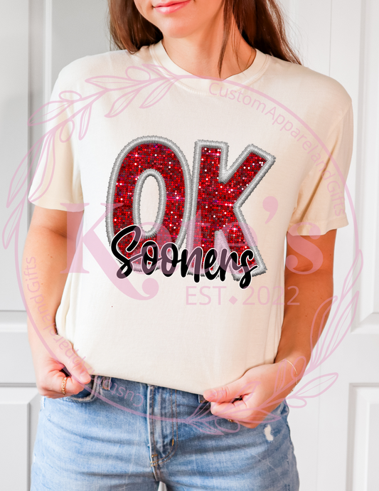 Faux Sequin Embroidered OK Shirt