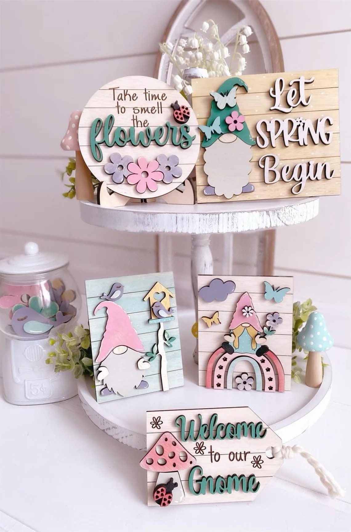 Spring Gnome Wood Tiered Tray DiY
