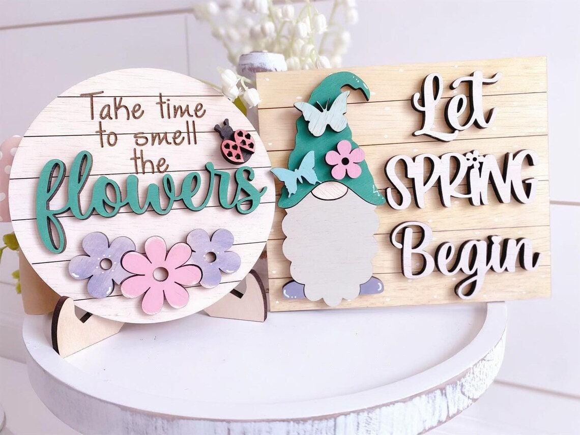 Spring Gnome Wood Tiered Tray DiY