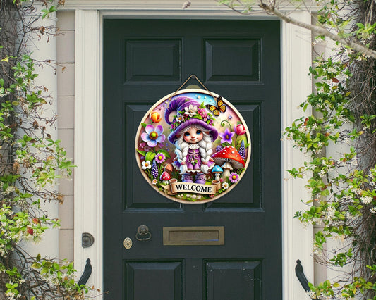 Welcome Girl Gnome Colorful Door Hanger - Bright Wooden Sign, Fun Home Decor for Front Door, Seasonal & Year-Round Use, Entryway Accent