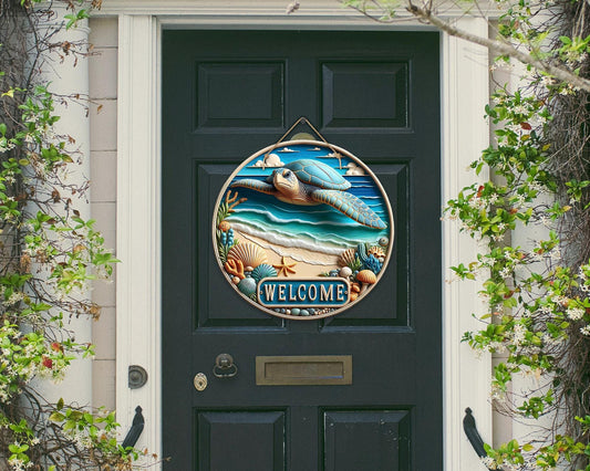 Beach Turtle Colorful Door Hanger - Bright Wooden Sign, Fun Home Decor for Front Door, Seasonal & Year-Round Use, Vibrant Entryway Accent
