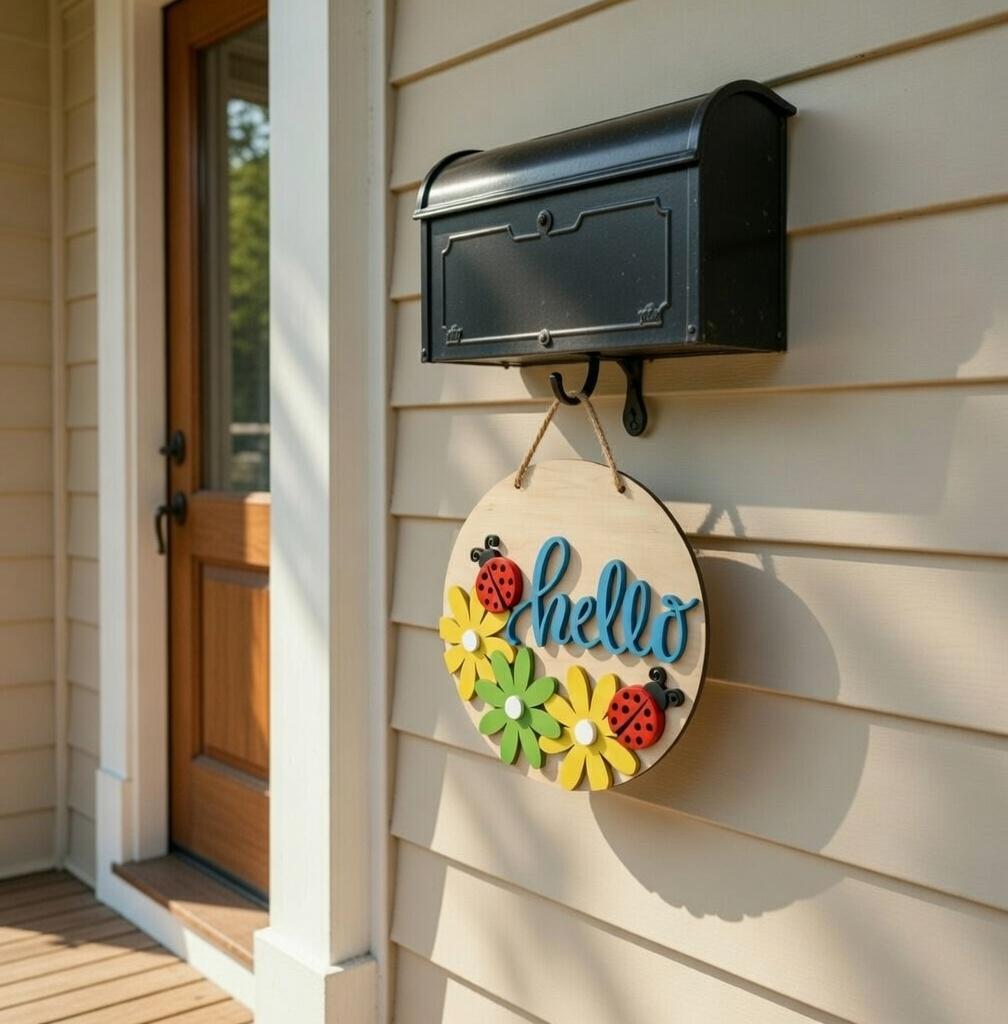 Hello LadyBug and Daisey Wood Door Sign Blank