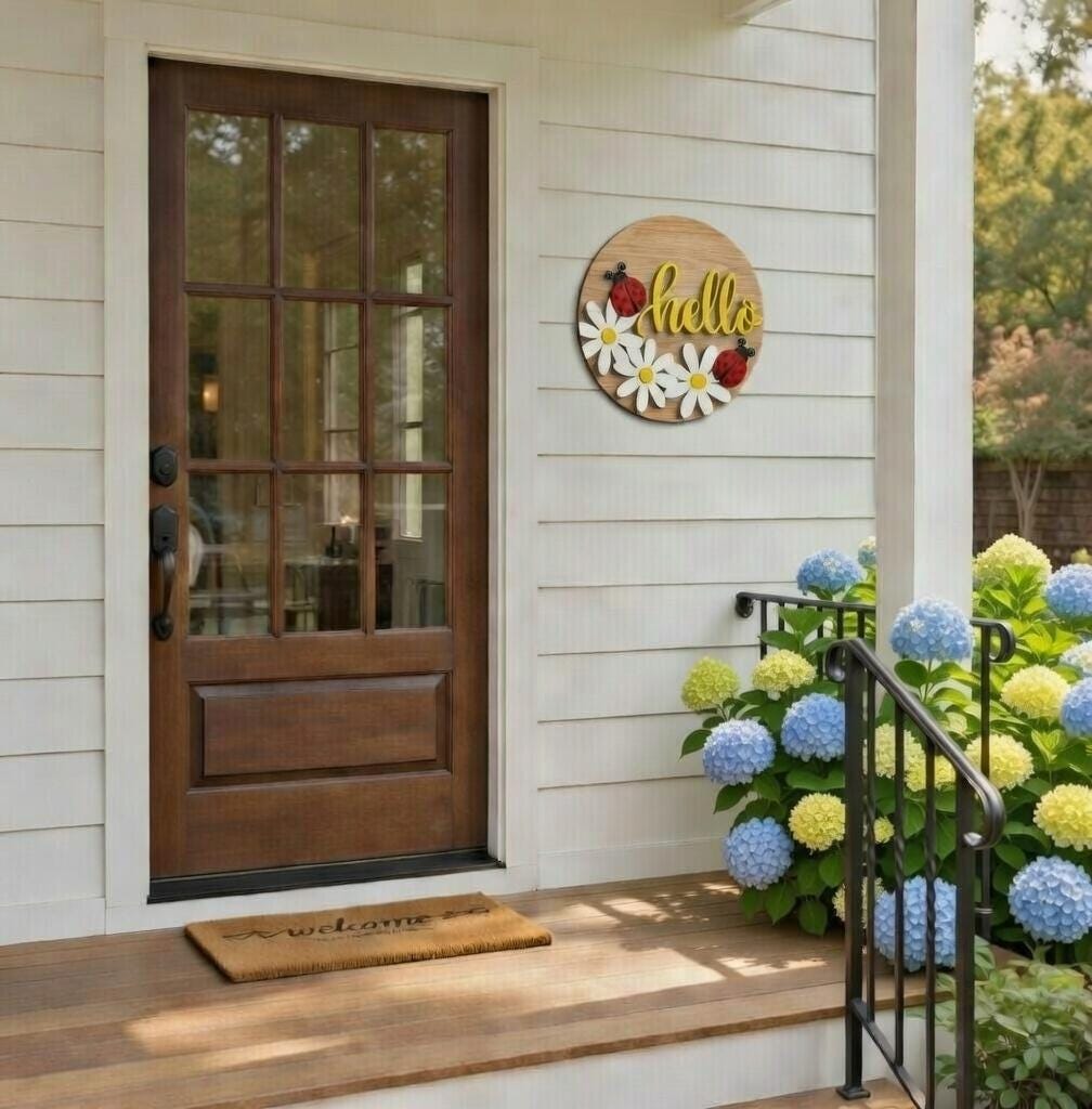 Hello LadyBug and Daisey Wood Door Sign Blank