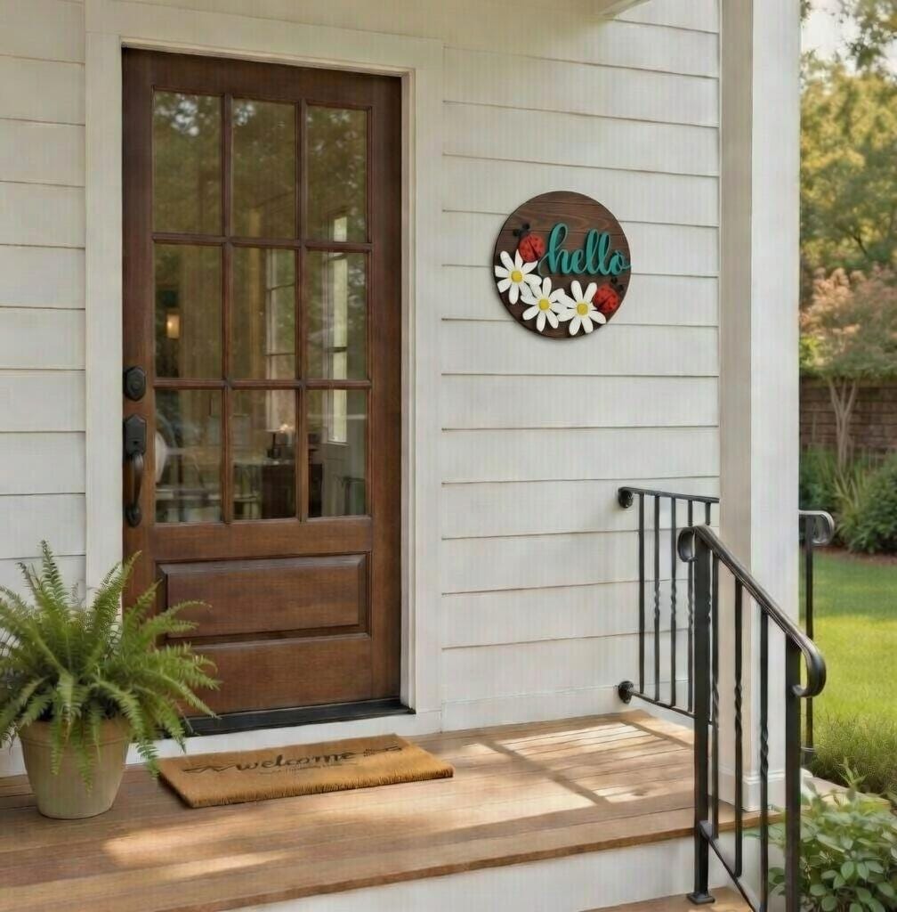 Hello LadyBug and Daisey Wood Door Sign Blank