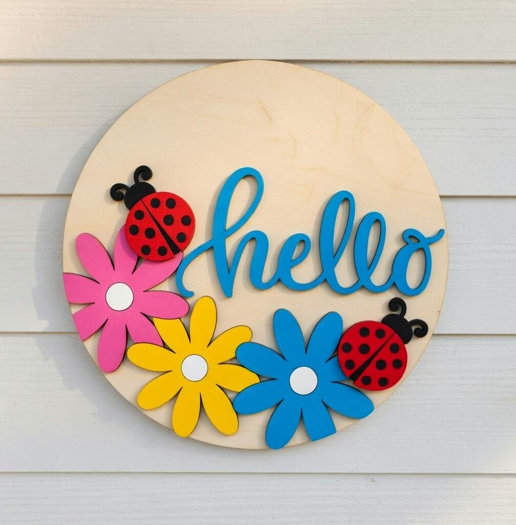Hello LadyBug and Daisey Wood Door Sign Blank