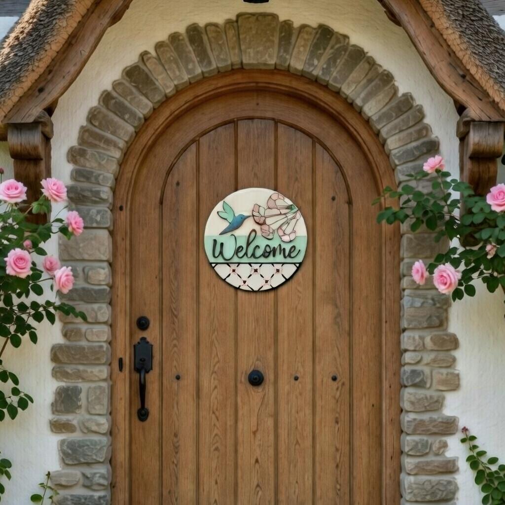 Welcome Hummingbird Wood Door Sign Blank