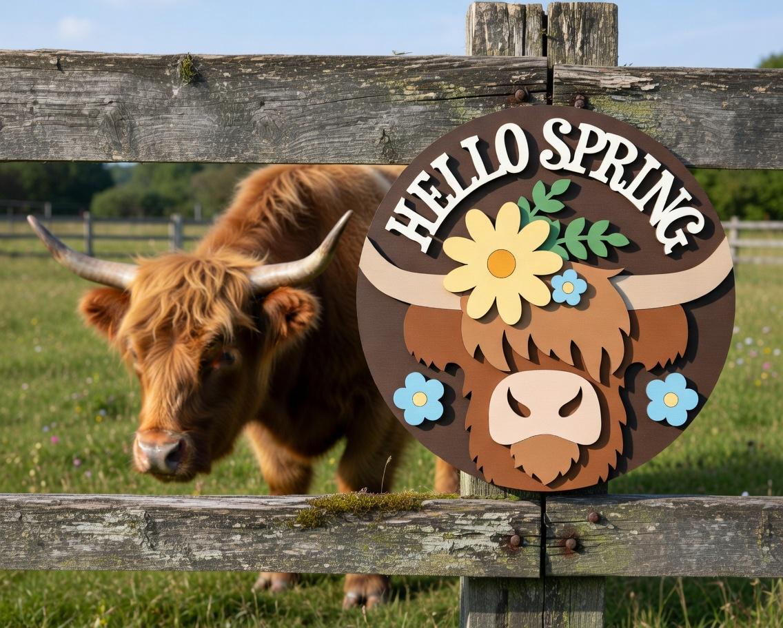 Hello Spring Highland Cow with Flowers Door Hanger DiY