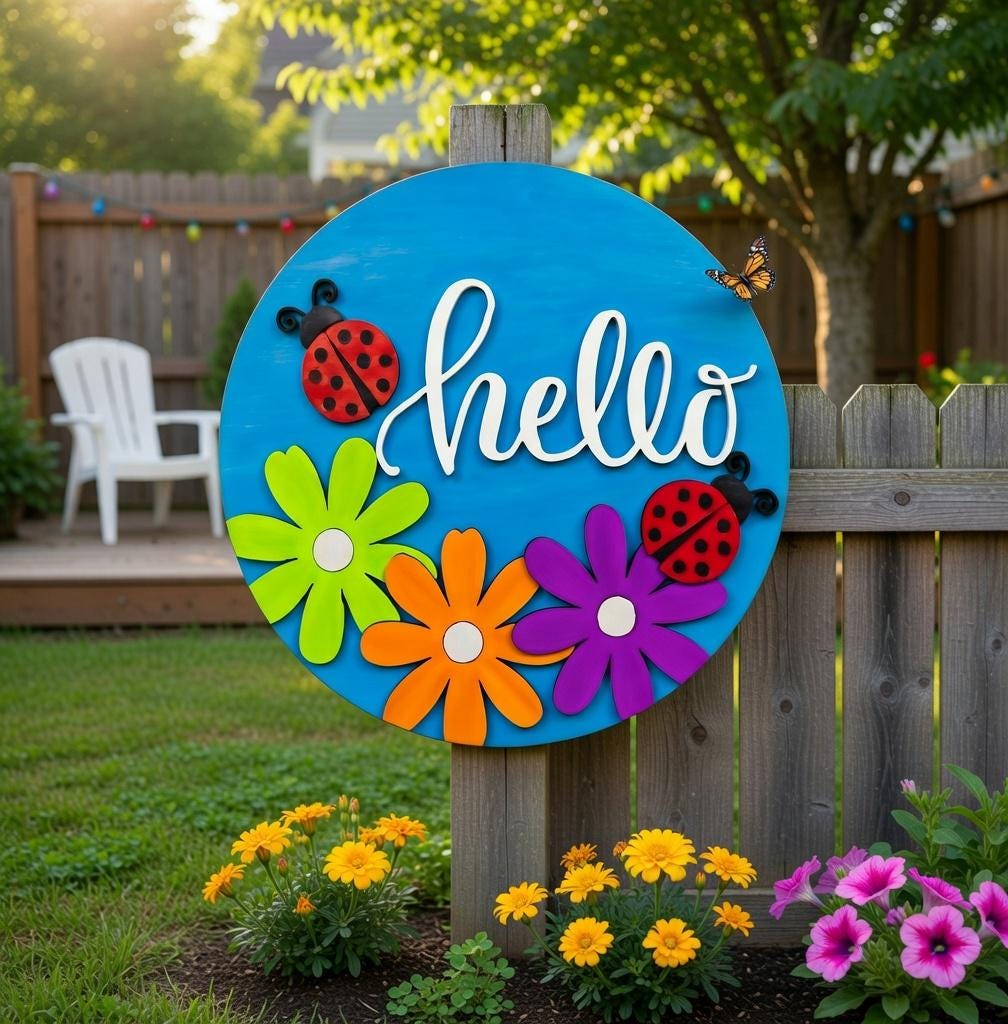 Hello LadyBug and Daisey Wood Door Sign Blank