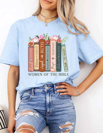 a woman wearing a t - shirt that says women of the bible